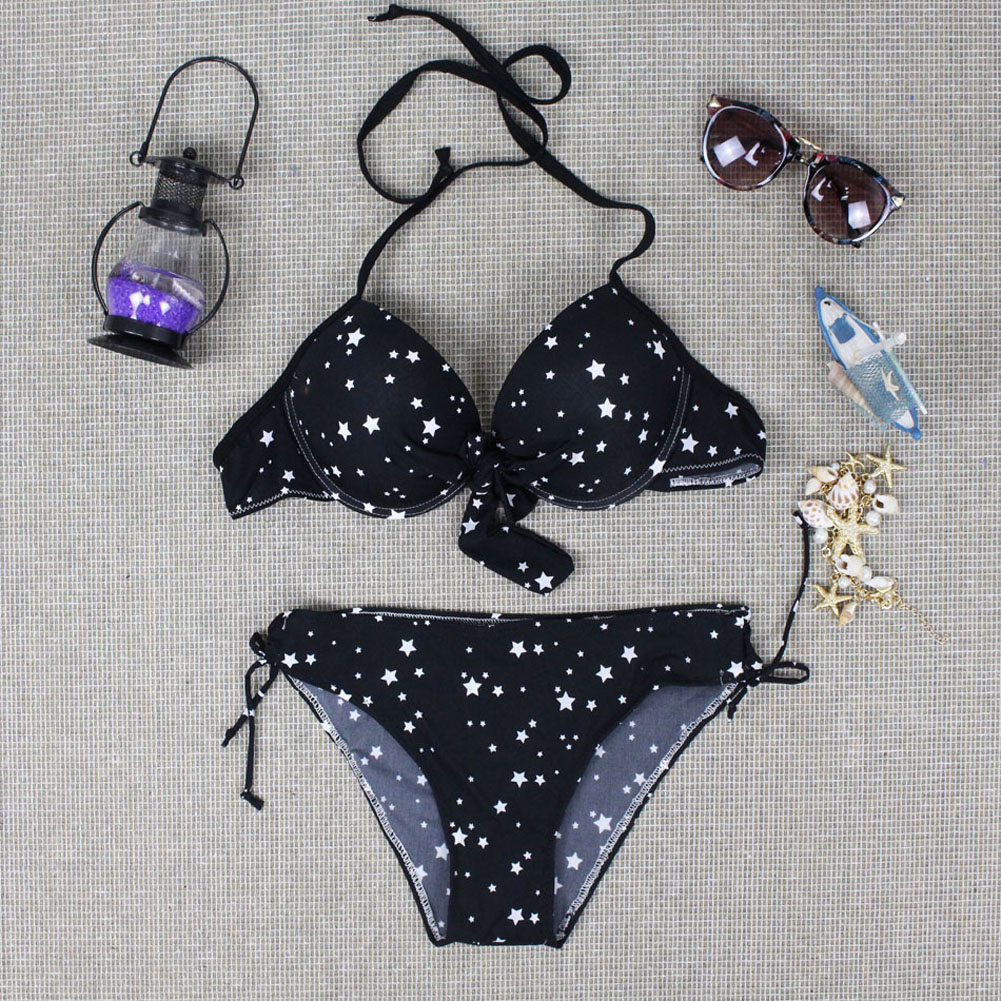 Juice Action Womens Black Halter Bikini Set Stars Printed Swimwear Swimsuit For Summer