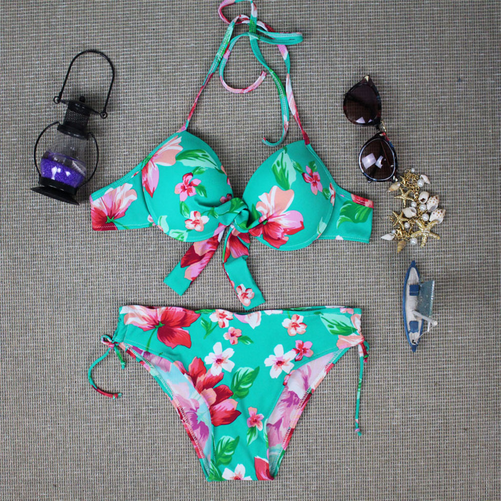 Juice Action Womens Green Flower Pattern Halter Bikini Floral Print Swimwear Swimsuit For Summer