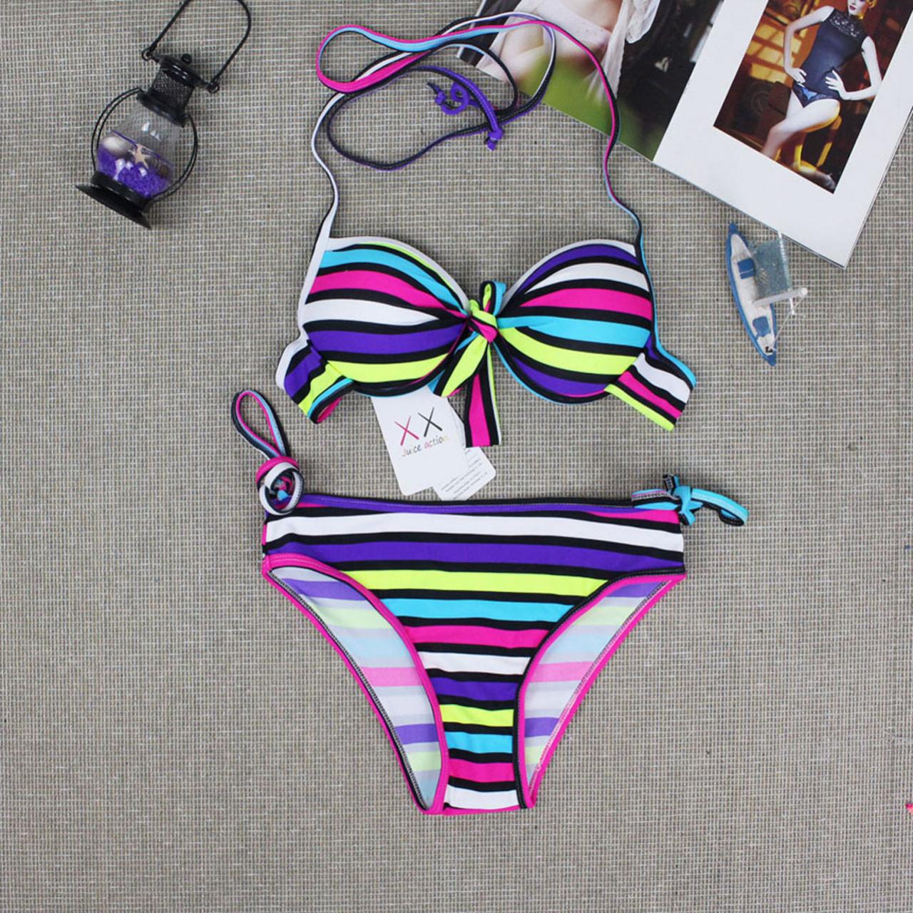 Juice Action Womens Halter Bikini Rainbow Striped Swimwear Swimsuit For Summer