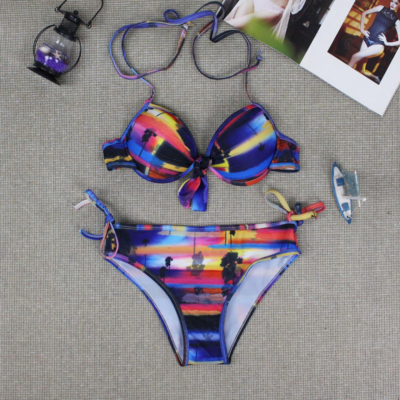 Juice Action Womens Halter Bikini Sunset Print Swimwear Swimsuit For Summer