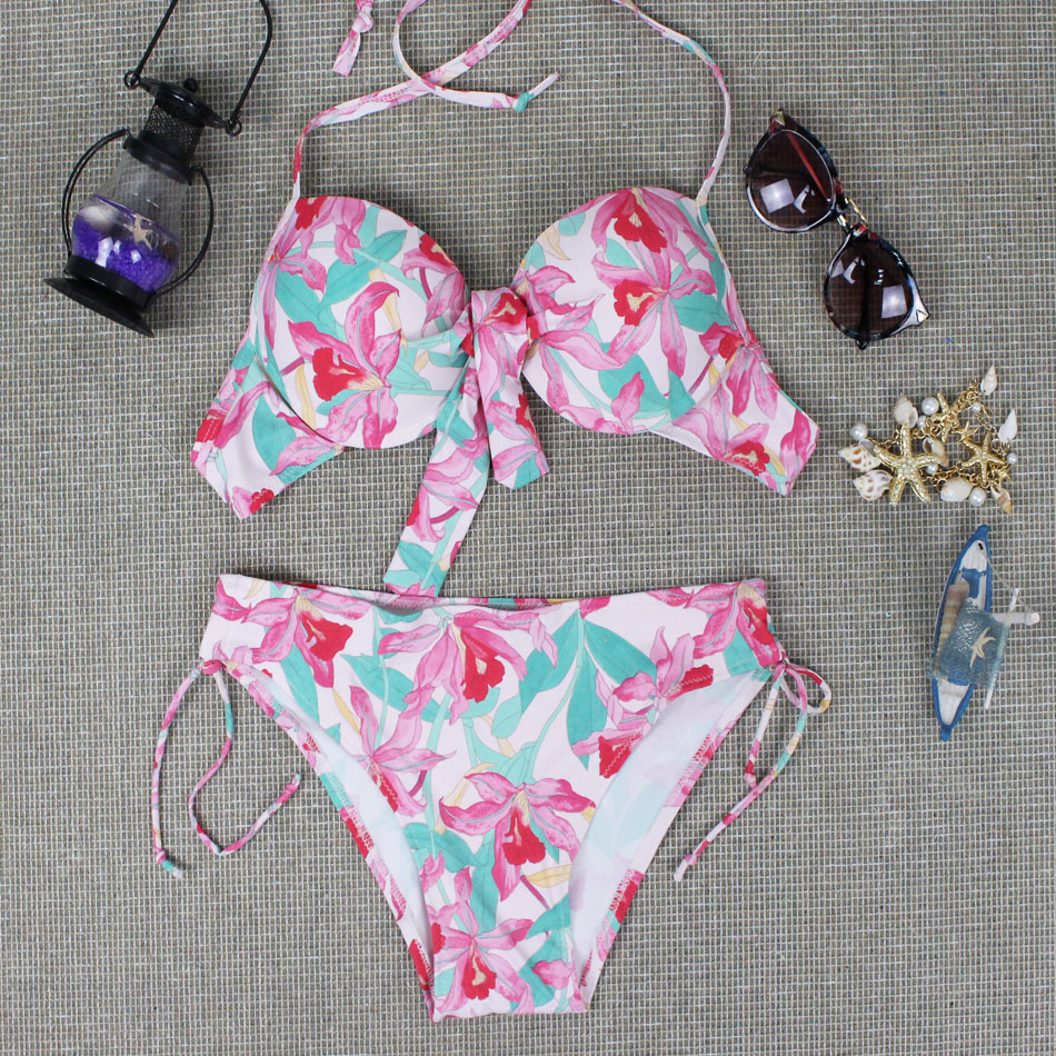 Juice Action Womens Halter Bikini Big Flower Printed Swimwear Swimsuit For Summer