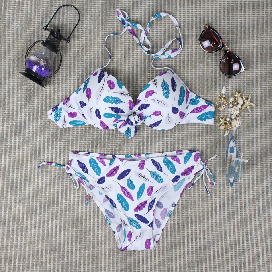 Juice Action Womens Halter Feather Pattern Bikini White Swimwear Swimsuit For Summer