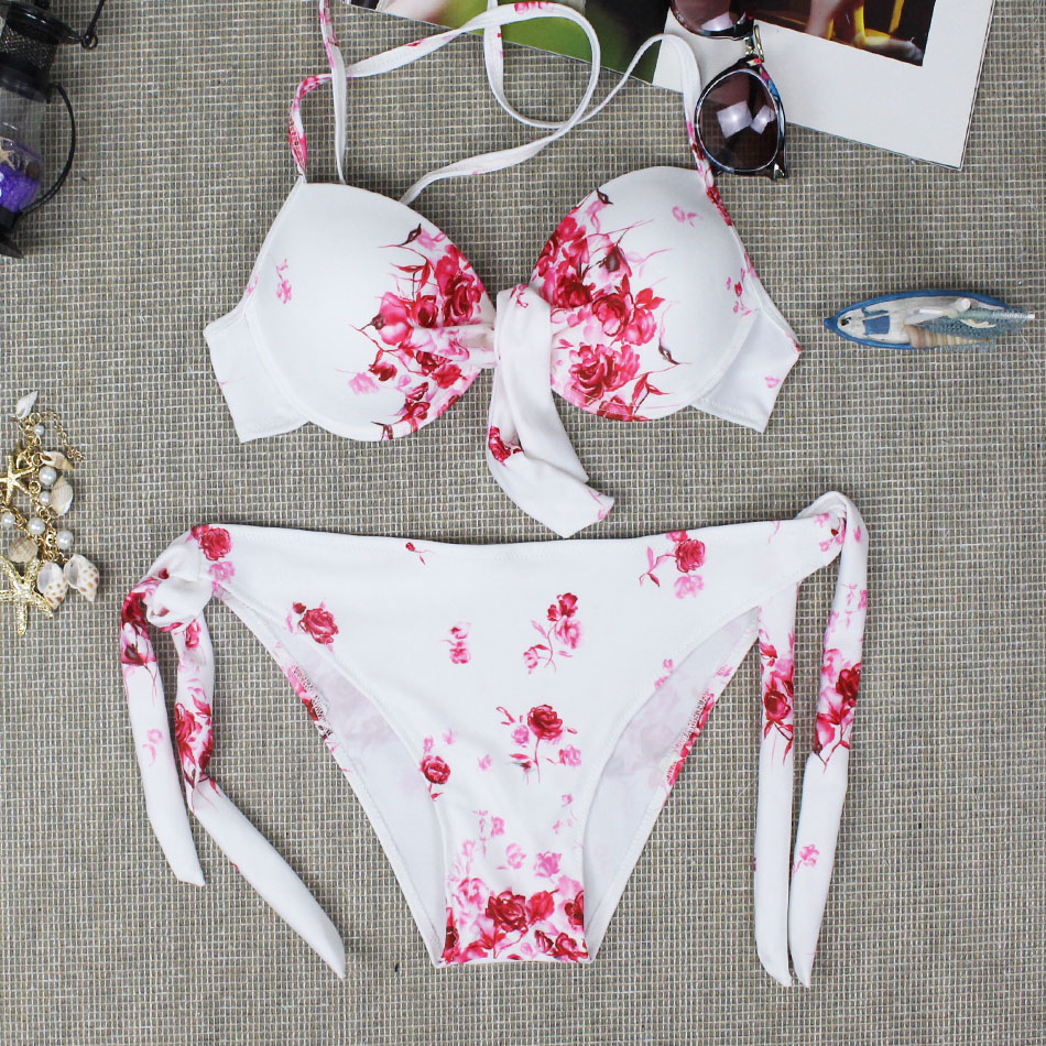 Juice Action Womens Halter Flower Pattern Bikini Stylish Ethnic White Swimwear Swimsuit For Summer