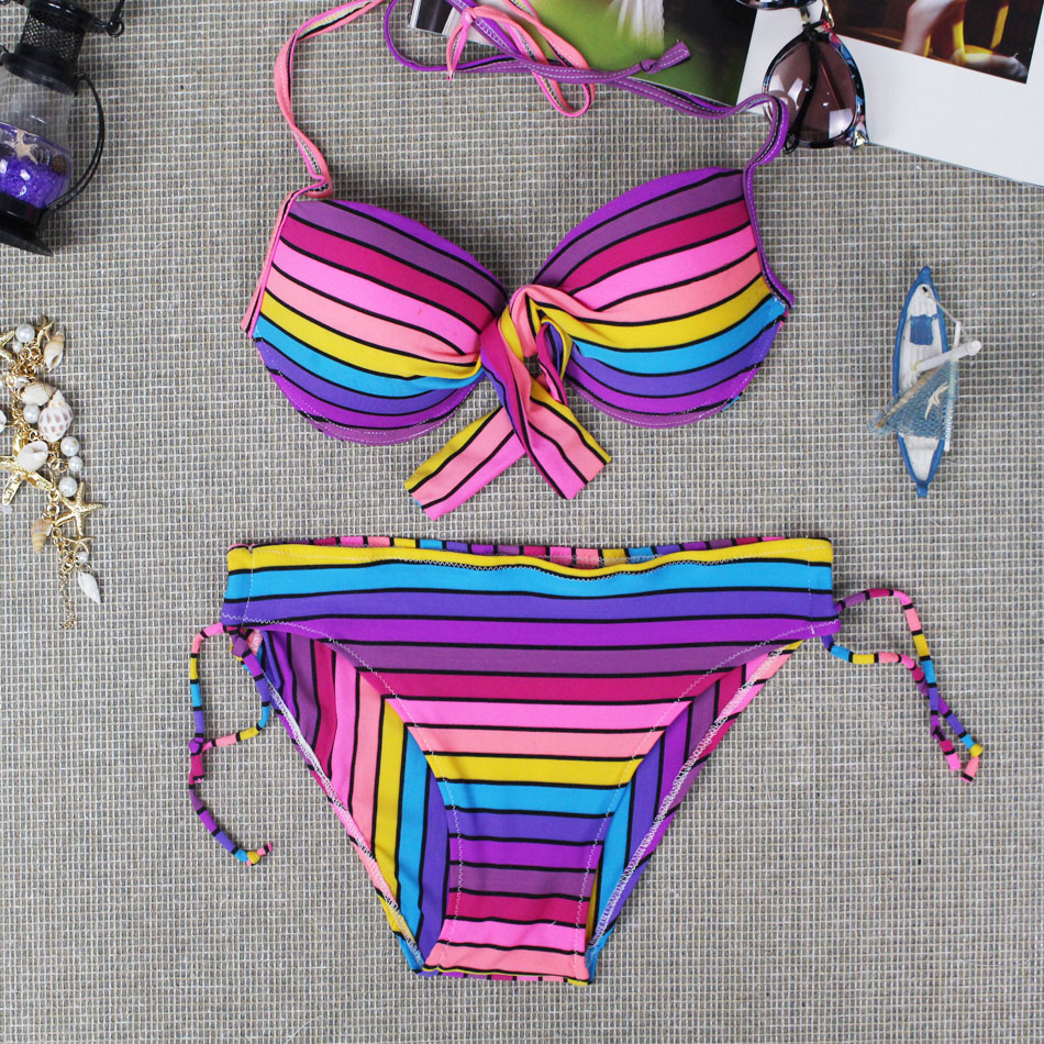Juice Action Womens Halter Rainbow Striped Pattern Bikini Stylish Swimwear Swimsuit For Summer