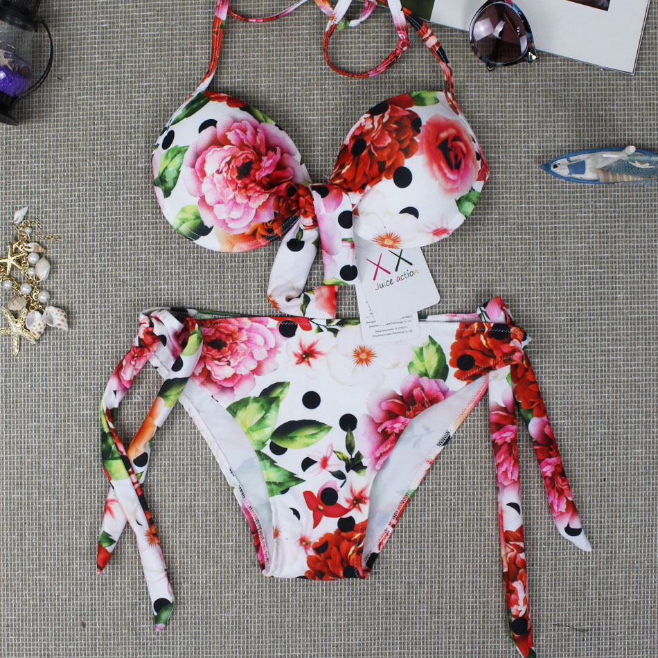 Juice Action Womens Halter Ethnic Pattern Bikini Stylish Flower Print Swimwear Swimsuit For Summer