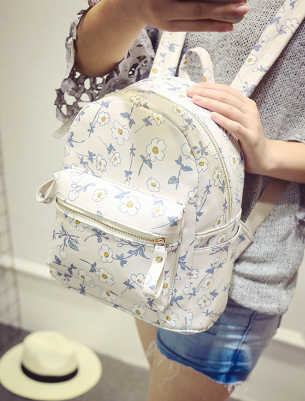 2015 Women's Flower Print Leather Backpack Shoulder Bag Backpack School Bag