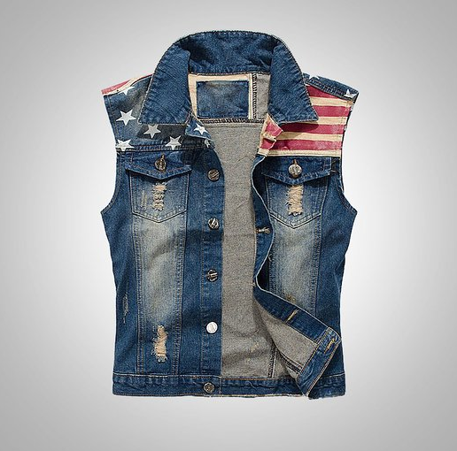 Men's Slim Fit American Flag Jeans Denim Vest Outwear