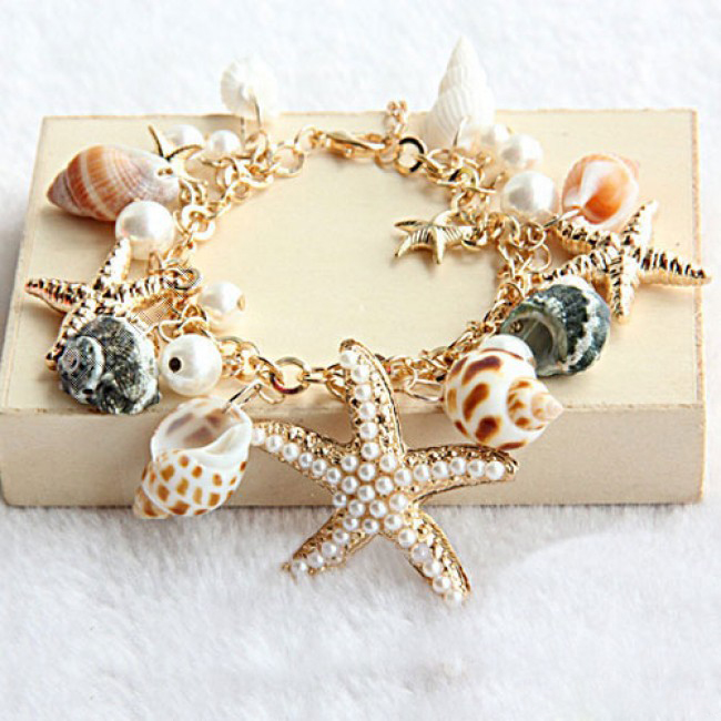 Woman Ocean Style Multi Starfish Natural Shell Bracelet Beads Golden Chain