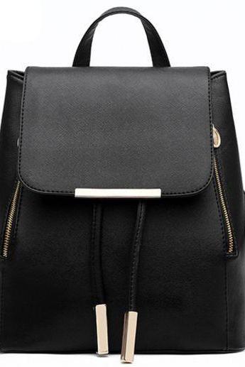 Black Leather Backpack with Gold Zipper and Tassel Detailing 